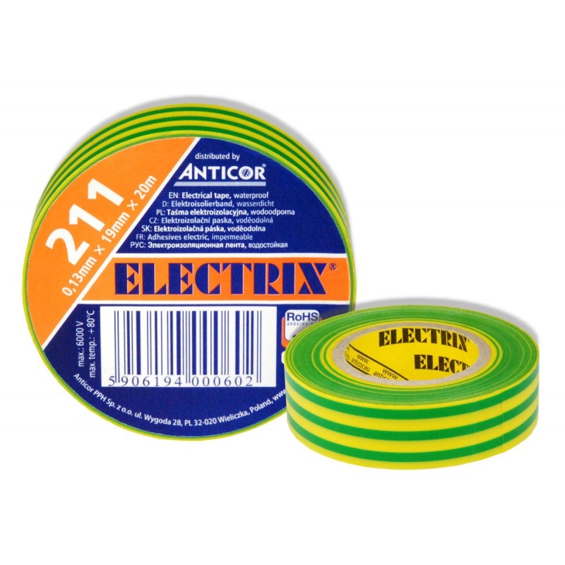 Taśma izolacyjna ELECTRIX 211 PCV żółto-zielony 15mm x 10m