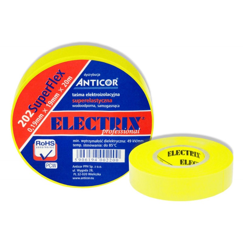 Taśma izolacyjna ELECTRIX SuperFlex 202 żółta 19mm x 20m