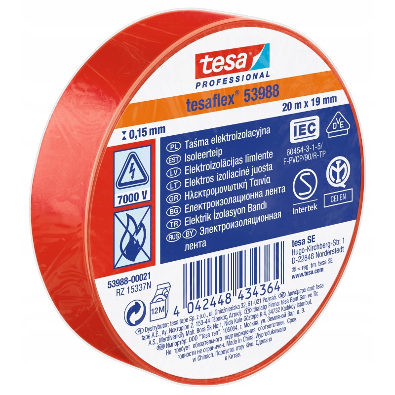 Taśma izolacyjna Tesa Tesaflex czerwona 19mm x 20m